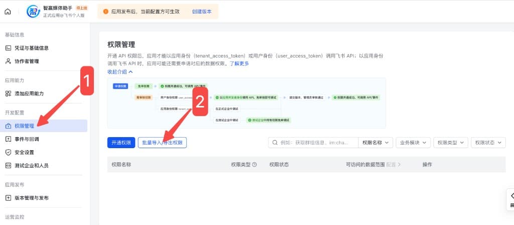 进入应用详情,打开权限管理并点击批量导入/导出权限